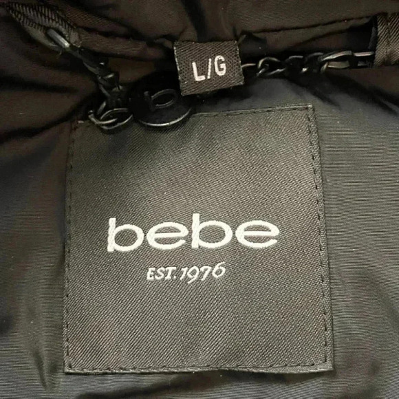 Bebe Long Quilted Winter Puffer Coat Faux Fur Trim Hood Black Size Large - Picture 16 of 16